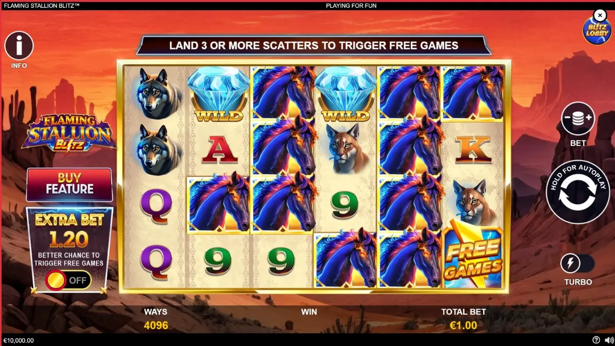 Flaming Stallion Blitz slot game screen na may nagniningas na kabayo