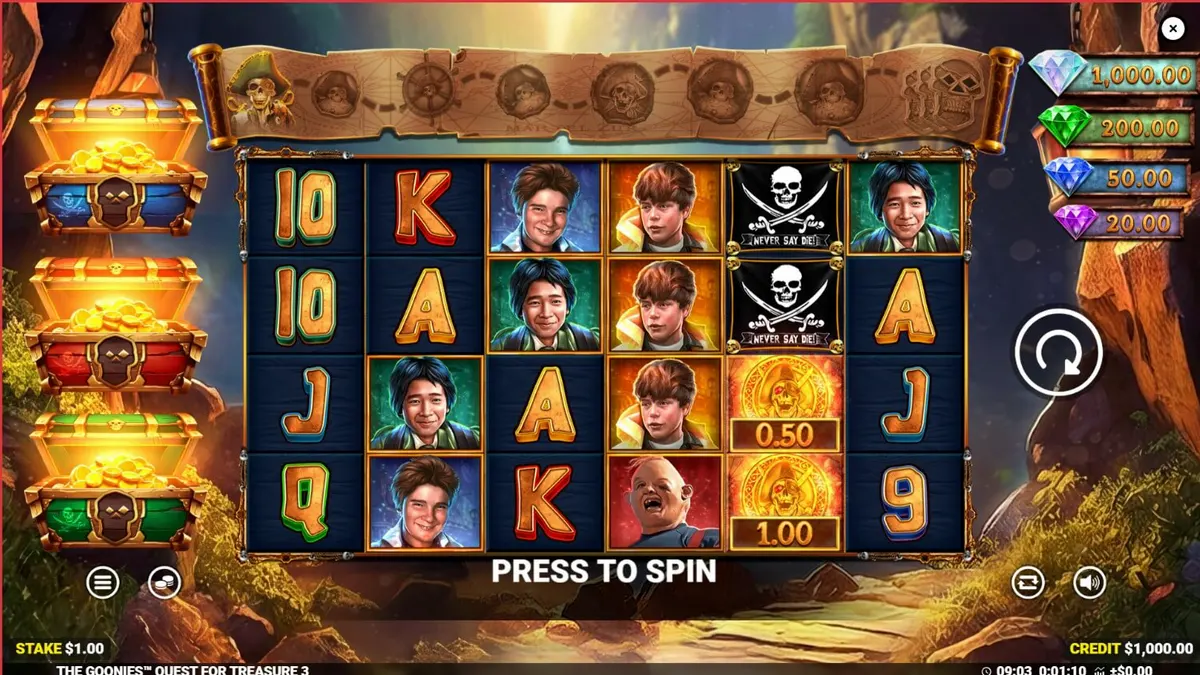 The Goonies Quest for Treasure 3 slot game interface na nagpapakita ng mga karakter at treasure map