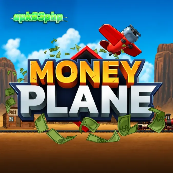 Tampilan visual pesawat dalam game Money Plane dengan latar belakang bertema industri yang khas.